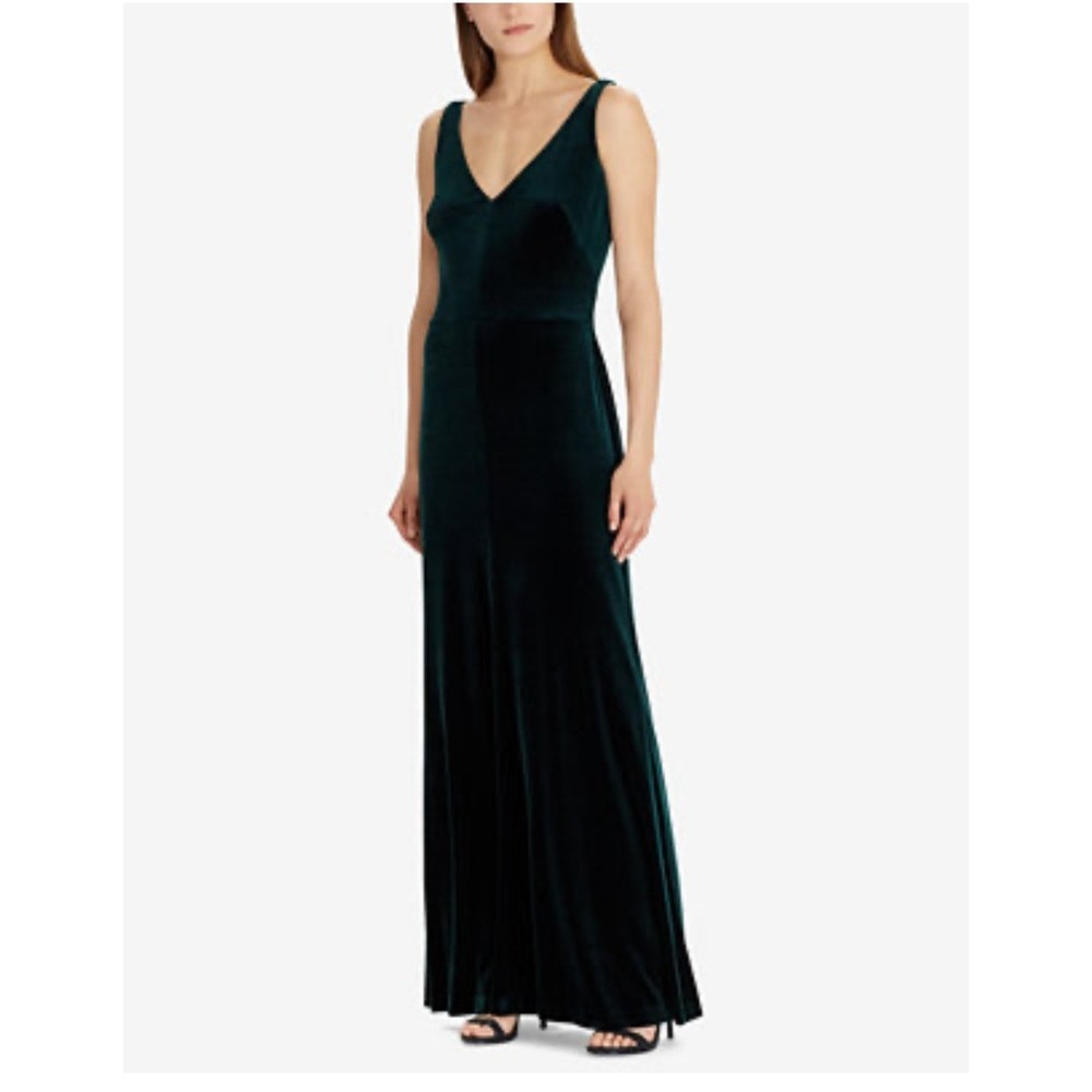 Lauren Ralph Lauren Green Velvet Maxi Dress V-Neck Sleeveless Evening Gown 8